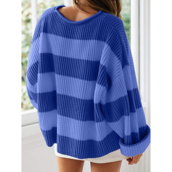 Women's Pullover Drop Shoulder Long Sleeve Retro Stripe Dark Blue Fall Sweater - Picture 3 of 3
